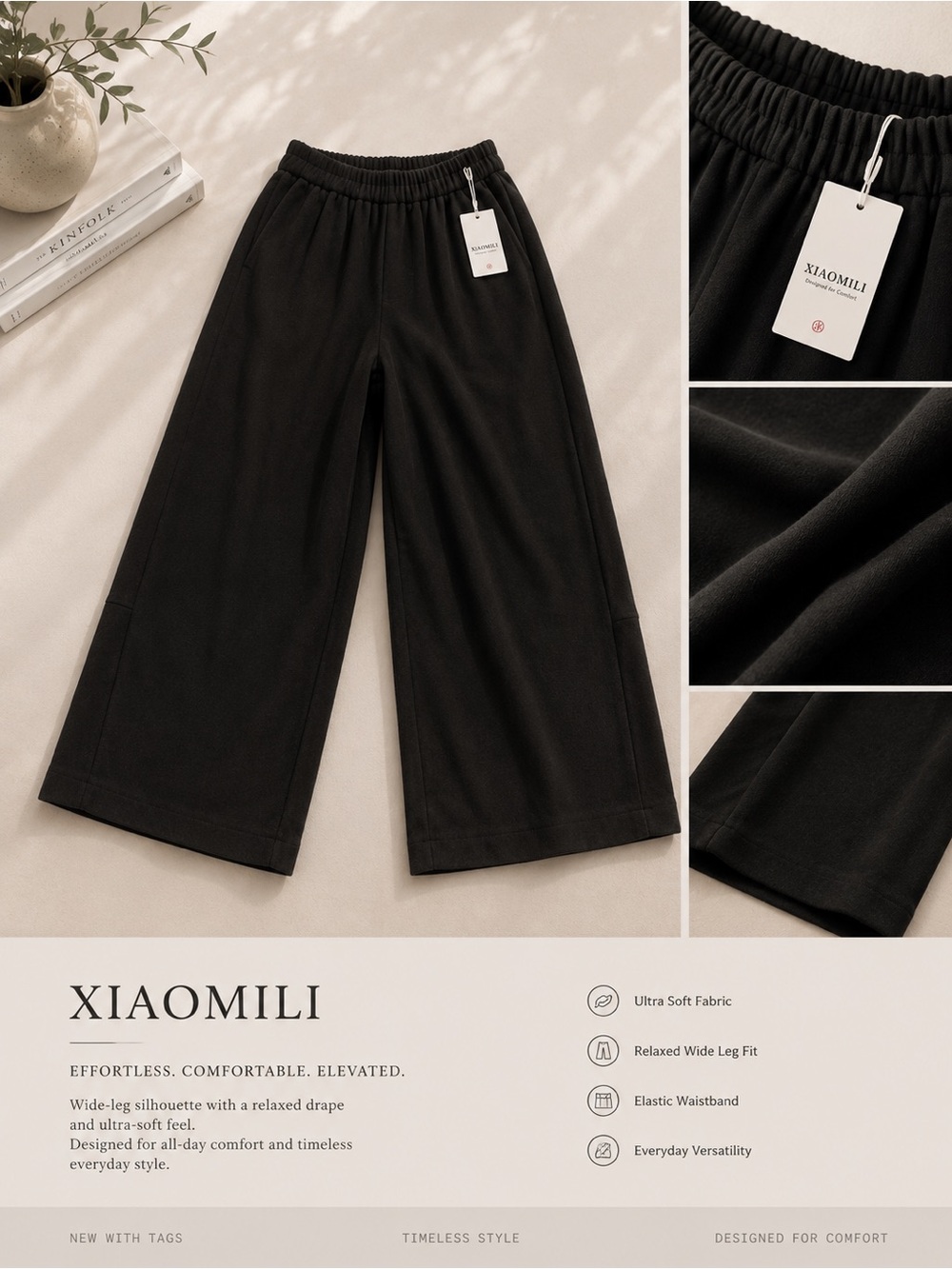 Xiaomili NWT Ultra Soft Wide Leg Pants | Elastic Waist Black Lounge Trousers
